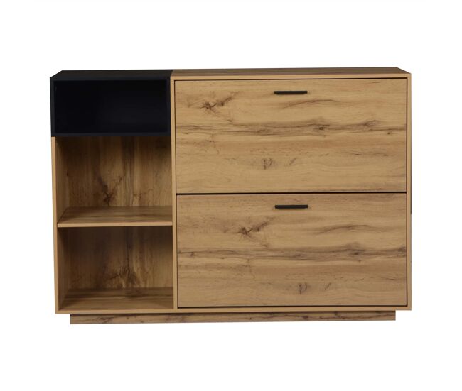 Schuhschrank 120x32x84,5cm - 3 offene fächer + 2 klappfächer, doppelschrank, mdf, 50kg - naturholz + schwarz