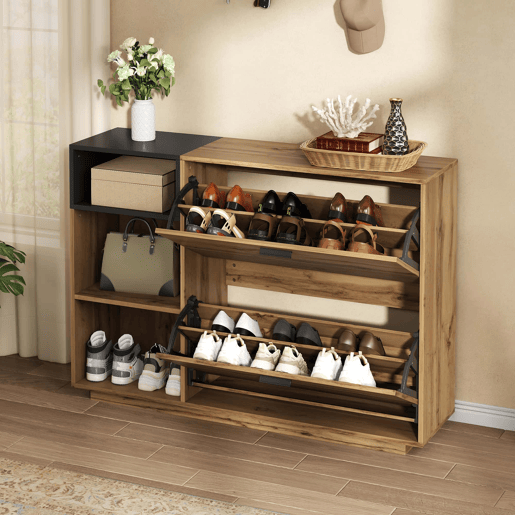 Armário para sapatos 120 x 32 x 84,5 cm - 3 compartimentos abertos + 2 compartimentos com porta basculante, armário duplo, MDF, 50 kg - madeira natural + preto Armário para sapatos 120 x 32 x 84,5 cm - 3 compartimentos abertos + 2 compartimentos com porta basculante, armário duplo, MDF, 50 kg - madeira natural + preto