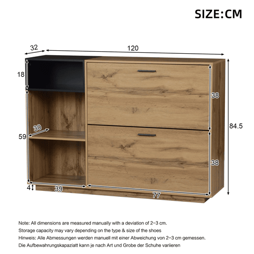 Armário para sapatos 120 x 32 x 84,5 cm - 3 compartimentos abertos + 2 compartimentos com porta basculante, armário duplo, MDF, 50 kg - madeira natural + preto Armário para sapatos 120 x 32 x 84,5 cm - 3 compartimentos abertos + 2 compartimentos com porta basculante, armário duplo, MDF, 50 kg - madeira natural + preto