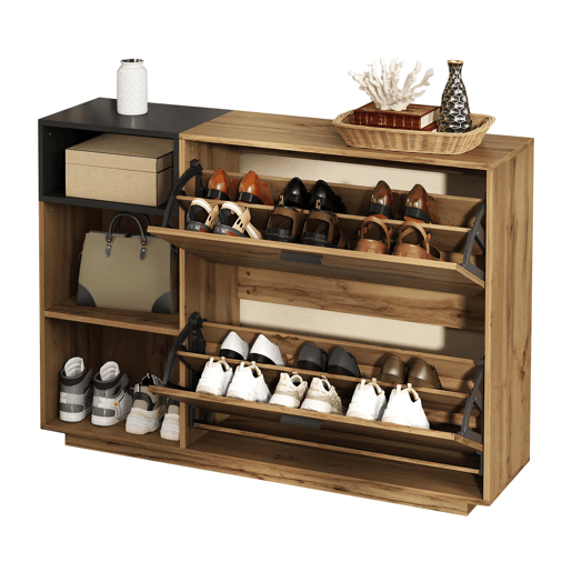 Armário para sapatos 120 x 32 x 84,5 cm - 3 compartimentos abertos + 2 compartimentos com porta basculante, armário duplo, MDF, 50 kg - madeira natural + preto Armário para sapatos 120 x 32 x 84,5 cm - 3 compartimentos abertos + 2 compartimentos com porta basculante, armário duplo, MDF, 50 kg - madeira natural + preto