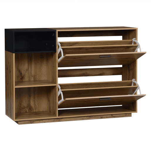Armário para sapatos 120 x 32 x 84,5 cm - 3 compartimentos abertos + 2 compartimentos com porta basculante, armário duplo, MDF, 50 kg - madeira natural + preto Armário para sapatos 120 x 32 x 84,5 cm - 3 compartimentos abertos + 2 compartimentos com porta basculante, armário duplo, MDF, 50 kg - madeira natural + preto