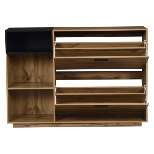 Armário para sapatos 120 x 32 x 84,5 cm - 3 compartimentos abertos + 2 compartimentos com porta basculante, armário duplo, MDF, 50 kg - madeira natural + preto Armário para sapatos 120 x 32 x 84,5 cm - 3 compartimentos abertos + 2 compartimentos com porta basculante, armário duplo, MDF, 50 kg - madeira natural + preto