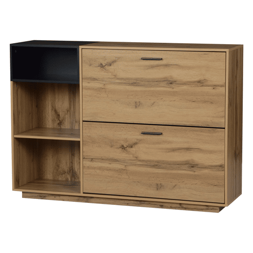Armário para sapatos 120 x 32 x 84,5 cm - 3 compartimentos abertos + 2 compartimentos com porta basculante, armário duplo, MDF, 50 kg - madeira natural + preto Armário para sapatos 120 x 32 x 84,5 cm - 3 compartimentos abertos + 2 compartimentos com porta basculante, armário duplo, MDF, 50 kg - madeira natural + preto