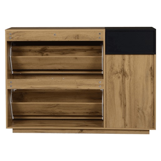 Armário para sapatos 120 x 32 x 84,5 cm - 3 compartimentos abertos + 2 compartimentos com porta basculante, armário duplo, MDF, 50 kg - madeira natural + preto Armário para sapatos 120 x 32 x 84,5 cm - 3 compartimentos abertos + 2 compartimentos com porta basculante, armário duplo, MDF, 50 kg - madeira natural + preto