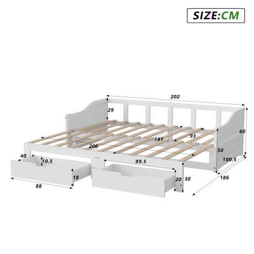 Sofá-cama extensível 90x200 cm 180x200 cm, sofá-cama retrátil com estrado de ripas e braços, cama estofada para crianças ou adolescentes, branco Sofá-cama extensível 90x200 cm 180x200 cm, sofá-cama retrátil com estrado de ripas e braços, cama estofada para crianças ou adolescentes, branco