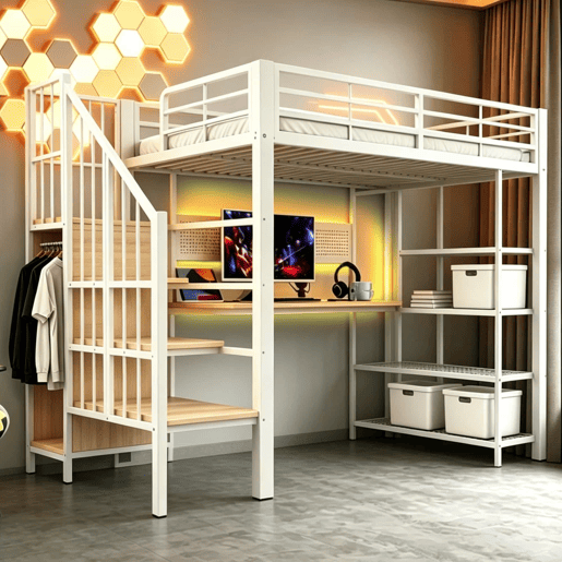 Cama alta 90x200 cm - Secretária comprida, painel perfurado, tomadas europeias, luz LED, várias prateleiras, grade alta - Branco