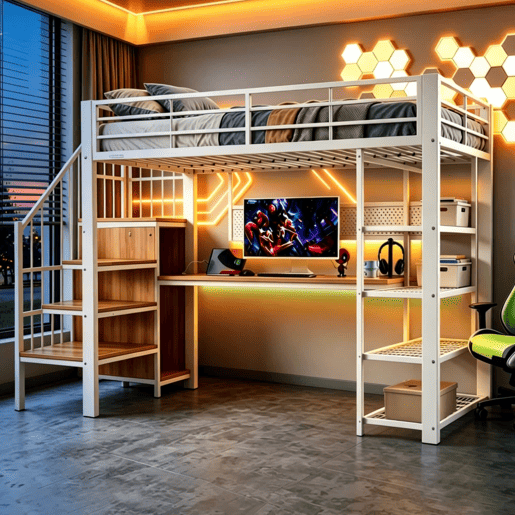 Cama alta 90x200 cm - Secretária comprida, painel perfurado, tomadas europeias, luz LED, várias prateleiras, grade alta - Branco