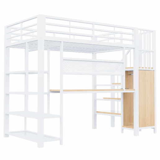 Cama alta 90x200 cm - Secretária comprida, painel perfurado, tomadas europeias, luz LED, várias prateleiras, grade alta - Branco