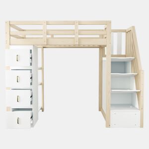 Cama alta 90 x 200 cm - com gavetas de arrumação, estante com vários prateleiros, escada segura, cama multifuncional em madeira maciça - cor de madeira natural
