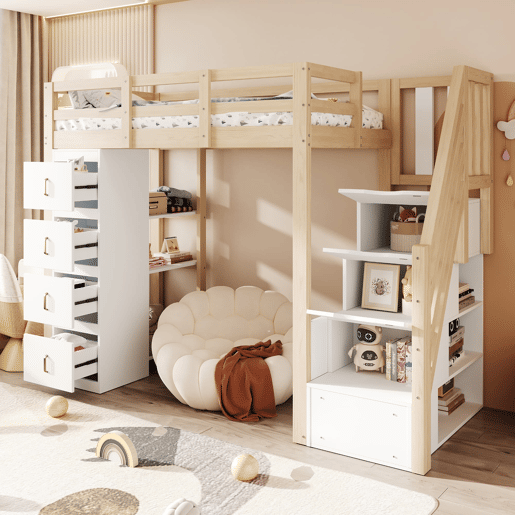 Cama alta 90 x 200 cm - com gavetas de arrumação, estante com vários prateleiros, escada segura, cama multifuncional em madeira maciça - cor de madeira natural