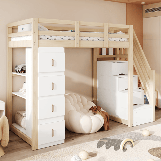 Cama alta 90 x 200 cm - com gavetas de arrumação, estante com vários prateleiros, escada segura, cama multifuncional em madeira maciça - cor de madeira natural