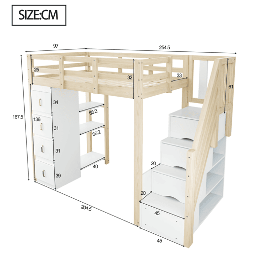 Cama alta 90 x 200 cm - com gavetas de arrumação, estante com vários prateleiros, escada segura, cama multifuncional em madeira maciça - cor de madeira natural