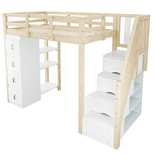 Cama alta 90 x 200 cm - com gavetas de arrumação, estante com vários prateleiros, escada segura, cama multifuncional em madeira maciça - cor de madeira natural