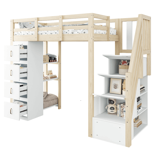 Cama alta 90 x 200 cm - com gavetas de arrumação, estante com vários prateleiros, escada segura, cama multifuncional em madeira maciça - cor de madeira natural