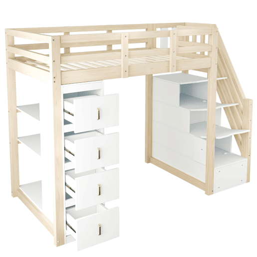 Cama alta 90 x 200 cm - com gavetas de arrumação, estante com vários prateleiros, escada segura, cama multifuncional em madeira maciça - cor de madeira natural