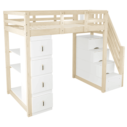 Cama alta 90 x 200 cm - com gavetas de arrumação, estante com vários prateleiros, escada segura, cama multifuncional em madeira maciça - cor de madeira natural