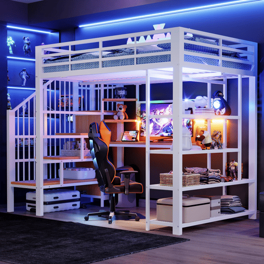 Cama alta metálica 140x200 - Secretária comprida, painel perfurado, estante triangular, tomadas europeias, luz LED, várias prateleiras, grade alta - Branco Cama alta metálica 140x200 - Secretária comprida, painel perfurado, estante triangular, tomadas europeias, luz LED, várias prateleiras, grade alta - Branco