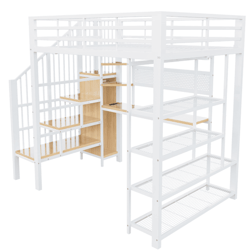 Cama alta metálica 140x200 - Secretária comprida, painel perfurado, estante triangular, tomadas europeias, luz LED, várias prateleiras, grade alta - Branco Cama alta metálica 140x200 - Secretária comprida, painel perfurado, estante triangular, tomadas europeias, luz LED, várias prateleiras, grade alta - Branco