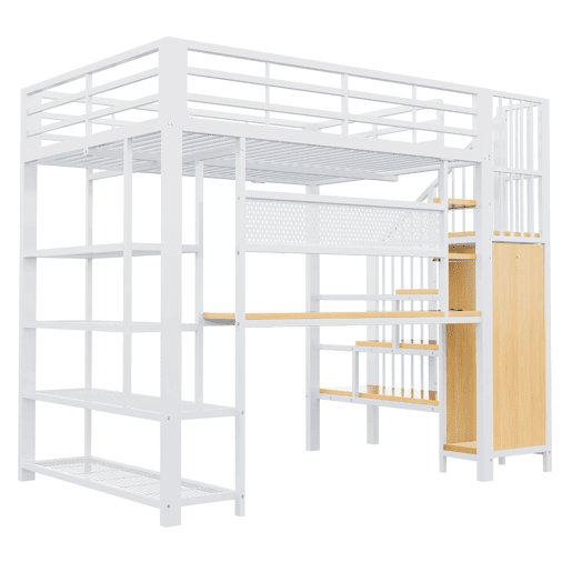 Cama alta metálica 140x200 - Secretária comprida, painel perfurado, estante triangular, tomadas europeias, luz LED, várias prateleiras, grade alta - Branco Cama alta metálica 140x200 - Secretária comprida, painel perfurado, estante triangular, tomadas europeias, luz LED, várias prateleiras, grade alta - Branco