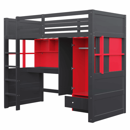 Cama alta 90 x 200 cm u2013 com escada, espaço de arrumação, secretária, roupeiro e gavetas, estilo gaming para crianças e jovens u2013 preto e vermelho Cama alta 90 x 200 cm u2013 com escada, espaço de arrumação, secretária, roupeiro e gavetas, estilo gaming para crianças e jovens u2013 preto e vermelho