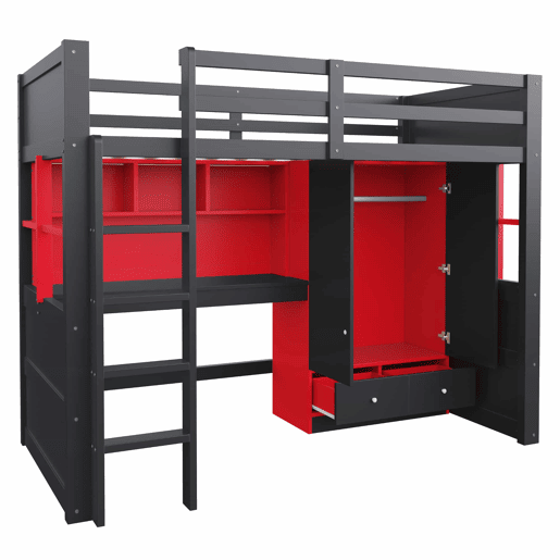 Cama alta 90 x 200 cm u2013 com escada, espaço de arrumação, secretária, roupeiro e gavetas, estilo gaming para crianças e jovens u2013 preto e vermelho Cama alta 90 x 200 cm u2013 com escada, espaço de arrumação, secretária, roupeiro e gavetas, estilo gaming para crianças e jovens u2013 preto e vermelho