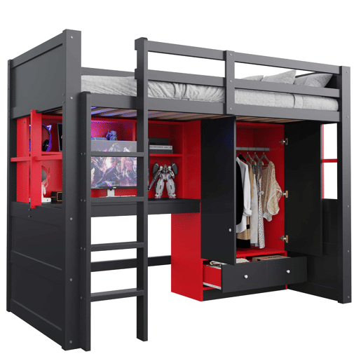 Cama alta 90 x 200 cm u2013 com escada, espaço de arrumação, secretária, roupeiro e gavetas, estilo gaming para crianças e jovens u2013 preto e vermelho Cama alta 90 x 200 cm u2013 com escada, espaço de arrumação, secretária, roupeiro e gavetas, estilo gaming para crianças e jovens u2013 preto e vermelho