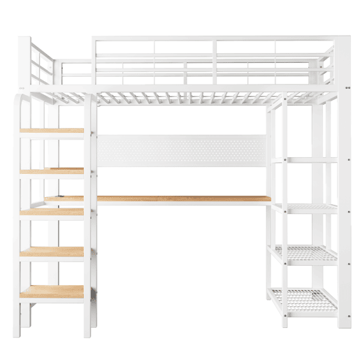 Cama alta metálica 90x200 cm - secretária com tomada CEE, iluminação LED multicolorida, várias prateleiras, escada vertical, pequena estante, painel metálico perfurado - branco