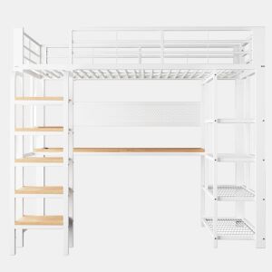 Cama alta metálica 90x200 cm - secretária com tomada CEE, iluminação LED multicolorida, várias prateleiras, escada vertical, pequena estante, painel metálico perfurado - branco
