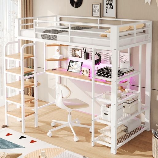 Cama alta metálica 90x200 cm - secretária com tomada CEE, iluminação LED multicolorida, várias prateleiras, escada vertical, pequena estante, painel metálico perfurado - branco