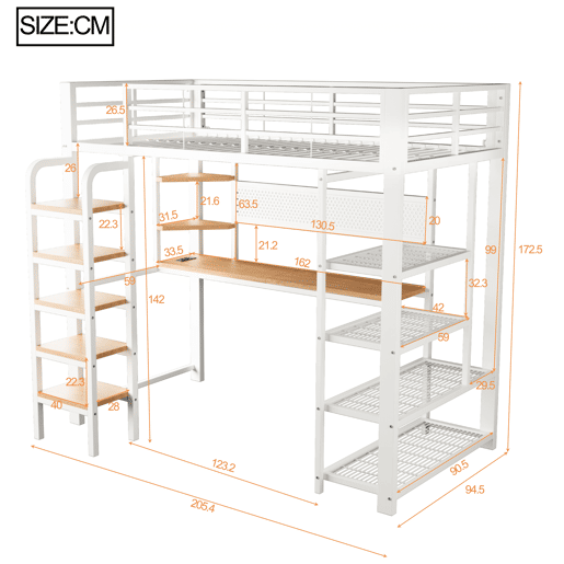 Cama alta metálica 90x200 cm - secretária com tomada CEE, iluminação LED multicolorida, várias prateleiras, escada vertical, pequena estante, painel metálico perfurado - branco