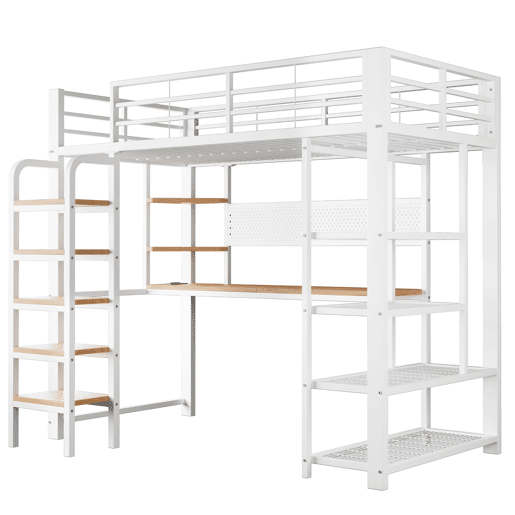 Cama alta metálica 90x200 cm - secretária com tomada CEE, iluminação LED multicolorida, várias prateleiras, escada vertical, pequena estante, painel metálico perfurado - branco