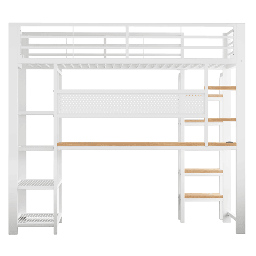 Cama alta metálica 90x200 cm - secretária com tomada CEE, iluminação LED multicolorida, várias prateleiras, escada vertical, pequena estante, painel metálico perfurado - branco