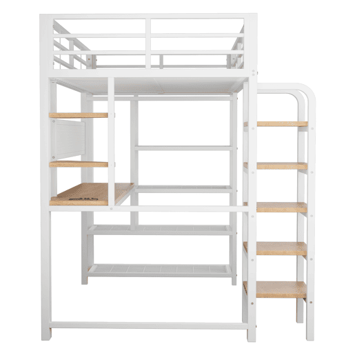 Cama alta metálica 90x200 cm - secretária com tomada CEE, iluminação LED multicolorida, várias prateleiras, escada vertical, pequena estante, painel metálico perfurado - branco