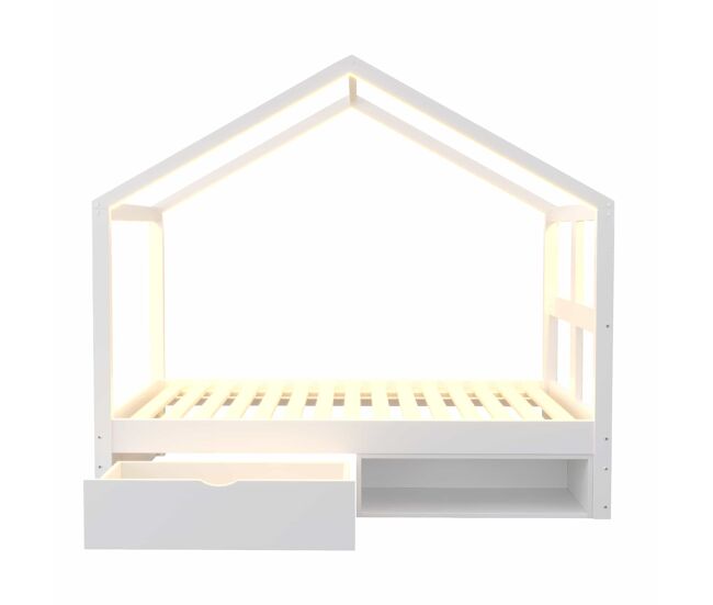 Cama juvenil de madera 90x190 cm - con cajones, zapatero pequeño, iluminación led multicolor y somier de láminas - blanco