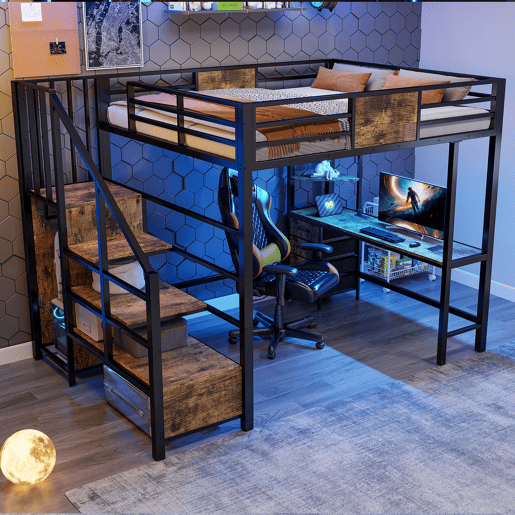 Cama alta 140x200 - com secretária, prateleiras, varão para roupa, iluminação LED e tomada - Preto