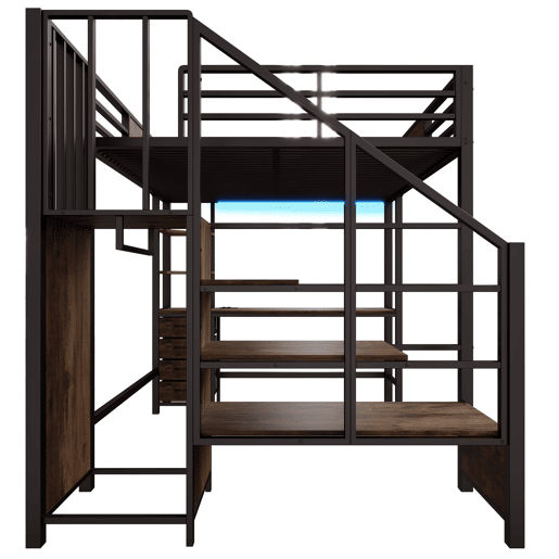 Cama alta 140x200 - com secretária, prateleiras, varão para roupa, iluminação LED e tomada - Preto