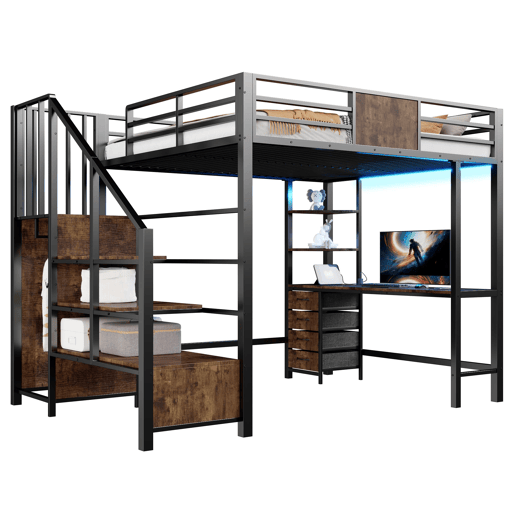 Cama alta 140x200 - com secretária, prateleiras, varão para roupa, iluminação LED e tomada - Preto