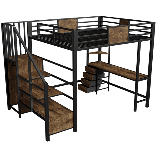 Cama alta 140x200 - com secretária, prateleiras, varão para roupa, iluminação LED e tomada - Preto