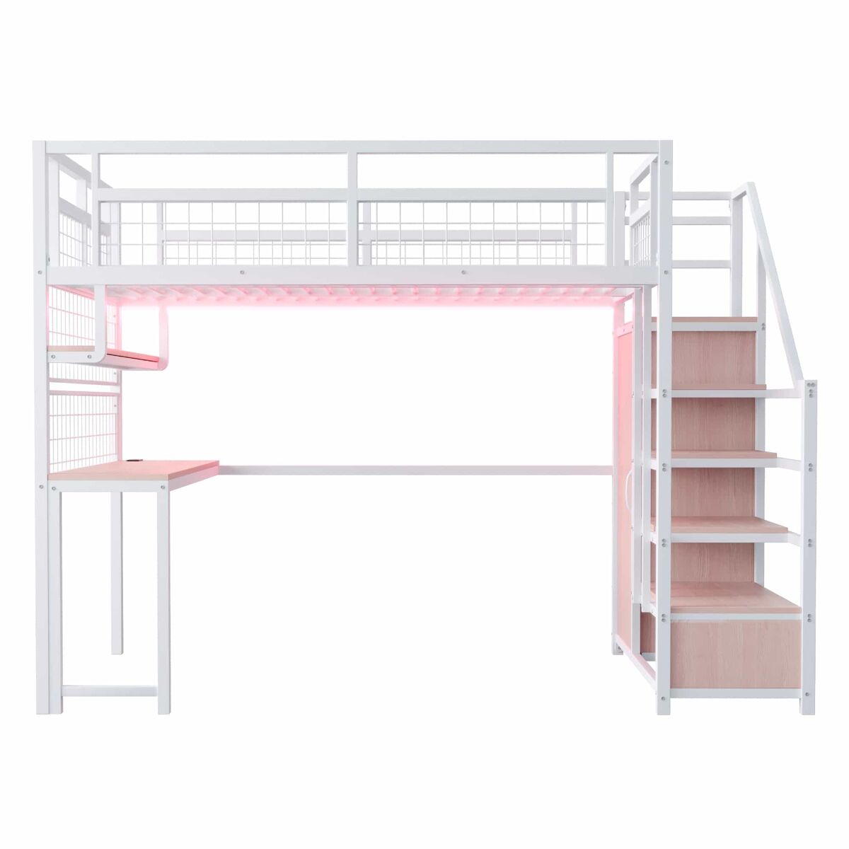 Cama alta metálica 140 x 200 cm - con escalera de almacenamiento, armario, estantes, mesa, estantería de red, tira de luz y enchufe - blanco