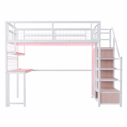 Cama alta metálica 140 x 200 cm - com escada com espaço de arrumação, roupeiro, prateleiras, mesa, estante em rede, faixa de luz e tomada - branca