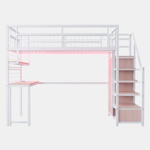 Cama alta metálica 140 x 200 cm - com escada com espaço de arrumação, roupeiro, prateleiras, mesa, estante em rede, faixa de luz e tomada - branca