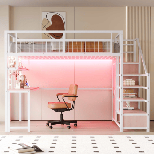 Cama alta metálica 140 x 200 cm - com escada com espaço de arrumação, roupeiro, prateleiras, mesa, estante em rede, faixa de luz e tomada - branca