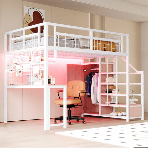 Cama alta metálica 140 x 200 cm - com escada com espaço de arrumação, roupeiro, prateleiras, mesa, estante em rede, faixa de luz e tomada - branca