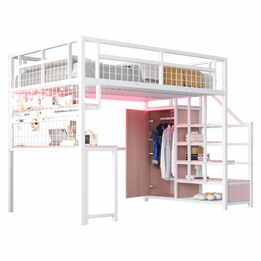 Cama alta metálica 140 x 200 cm - com escada com espaço de arrumação, roupeiro, prateleiras, mesa, estante em rede, faixa de luz e tomada - branca