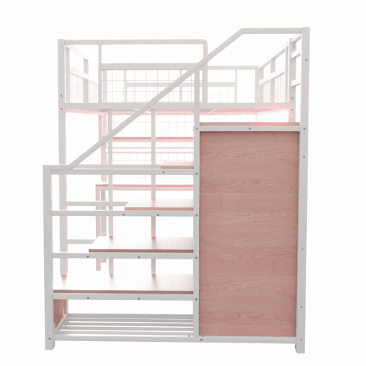 Cama alta metálica 140 x 200 cm - com escada com espaço de arrumação, roupeiro, prateleiras, mesa, estante em rede, faixa de luz e tomada - branca