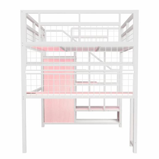 Cama alta metálica 140 x 200 cm - com escada com espaço de arrumação, roupeiro, prateleiras, mesa, estante em rede, faixa de luz e tomada - branca