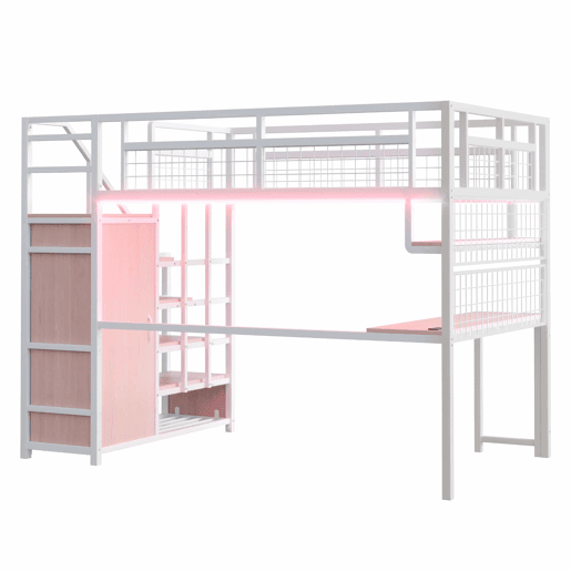 Cama alta metálica 140 x 200 cm - com escada com espaço de arrumação, roupeiro, prateleiras, mesa, estante em rede, faixa de luz e tomada - branca