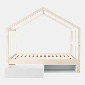 Cama juvenil em madeira 90x190 cm - com gavetas, sapateira pequena, iluminação LED multicolorida e base de ripas - cor de madeira natural