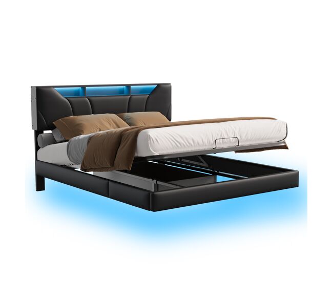 Cama 140x200cm, somier hidráulico, usb, led, cama doble, somier con estructura de metal