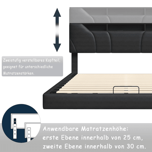 Cama 140x200cm, estrutura de cama hidráulica, USB, LED, cama de casal, estrutura de cama com estrutura metálica Cama 140x200cm, estrutura de cama hidráulica, USB, LED, cama de casal, estrutura de cama com estrutura metálica